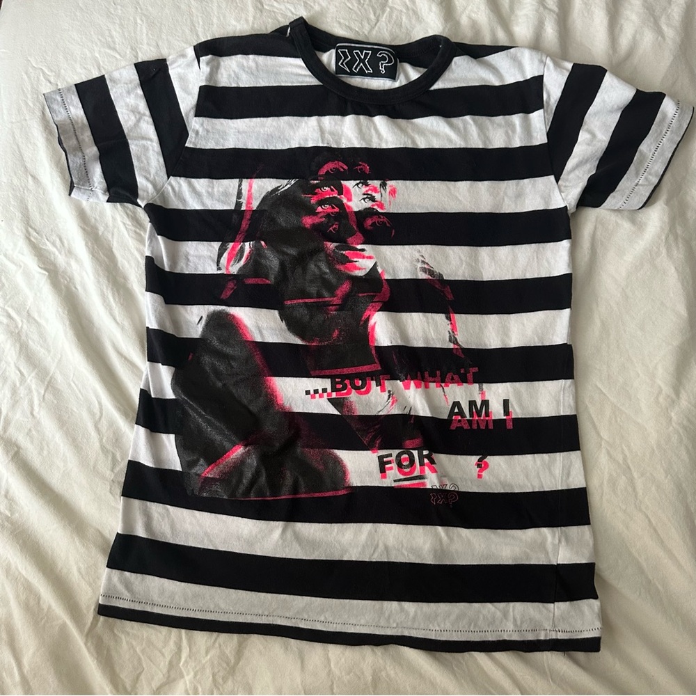 Black and White Striped Short Sleeve Tee with Silkscreened Graphic